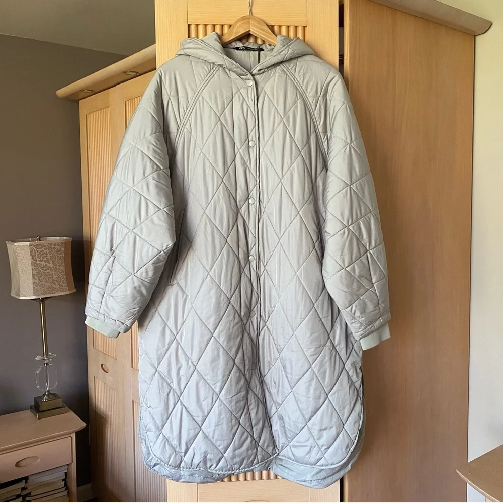 Zara long quilted puffer coat with hood stone grey - Picture 6 of 16